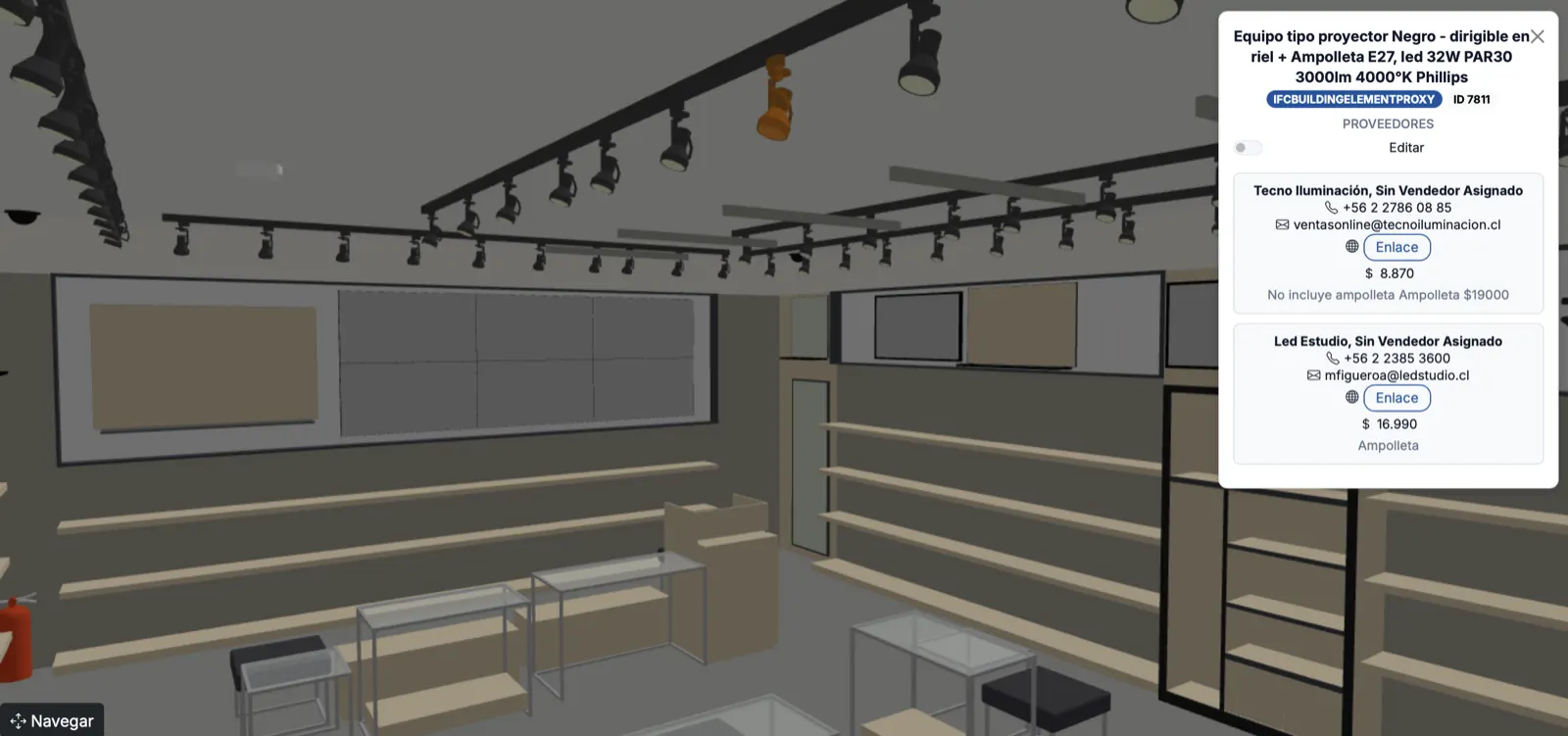 Visor BIM en el navegador — modelo 3D de tienda con panel de información de objetos